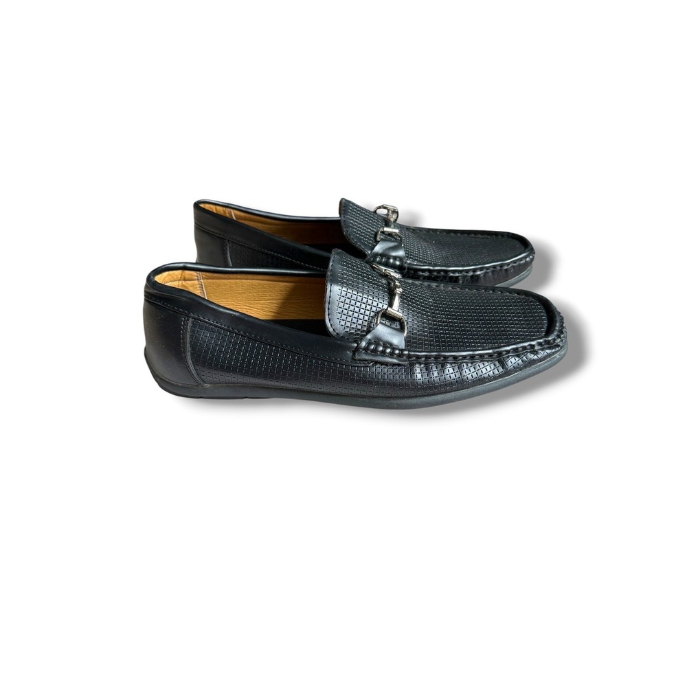 David Stone Bit Loafers Mens 11 Black Faux Leather Grid Moc Toe Slip On Shoes